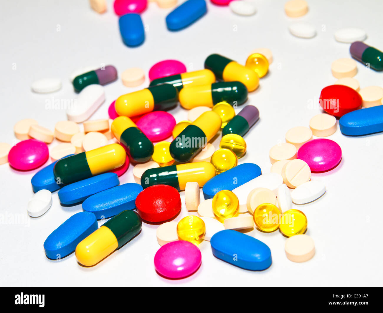many pills on white background Stock Photo