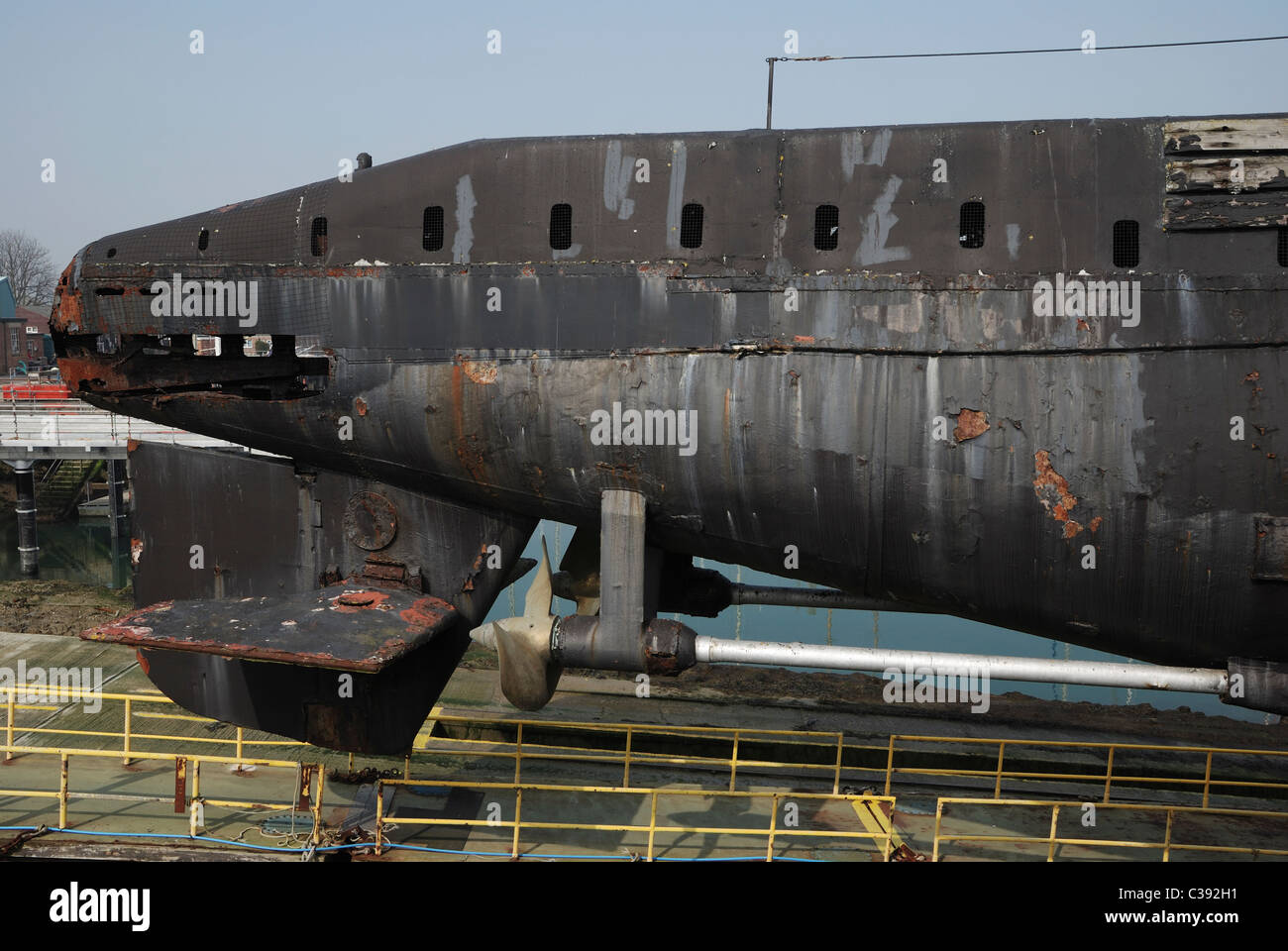 The stern of HMS Alliance at the Royal Navy Submarine Museum, Gosport, Hants, England. Stock Photo