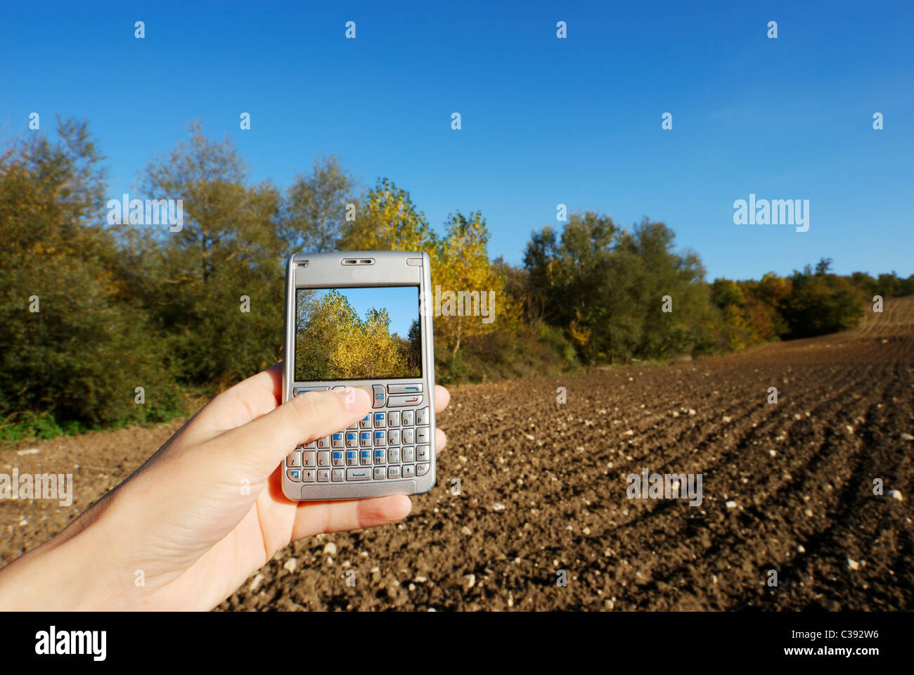 Cellphone in hand and bright autumnal rural landscape Stock Photo