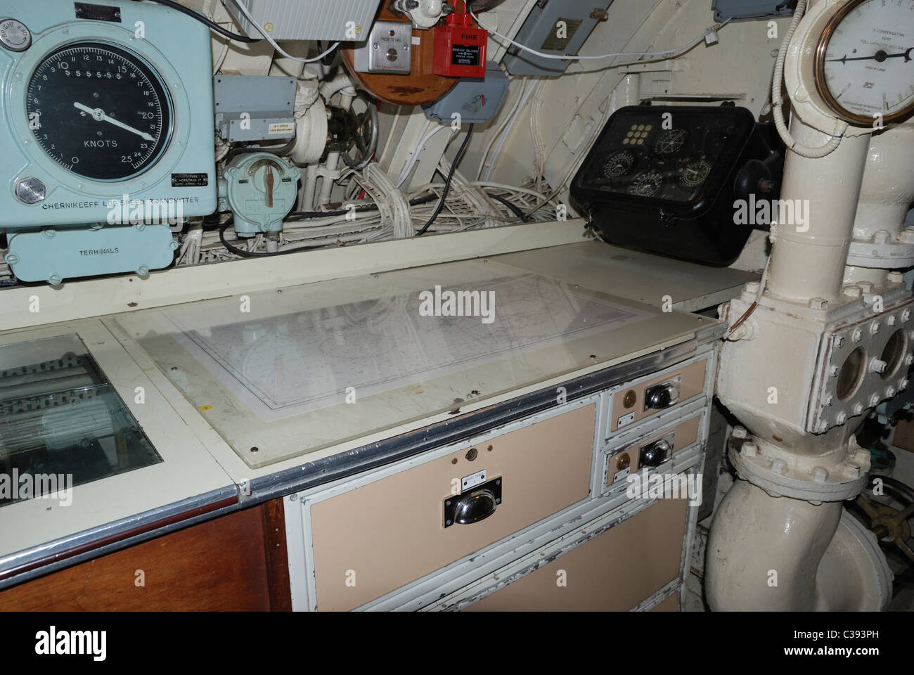 The navigation desk of HMS Alliance at the Royal Navy Submarine Museum, Gosport, Hants, England. Stock Photo