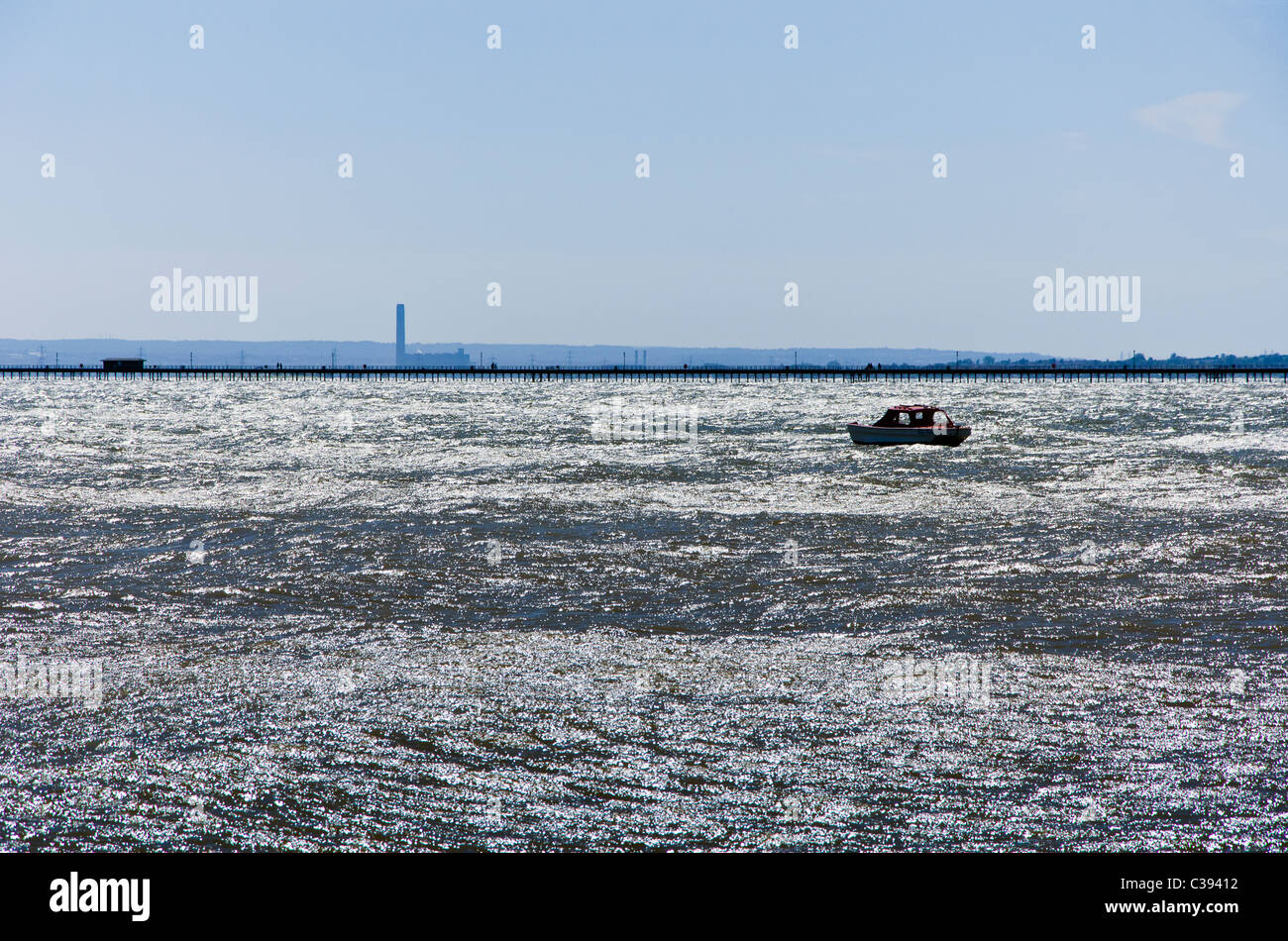 Boat in the bay near Southend-on-Sea,  Essex, UK Stock Photo