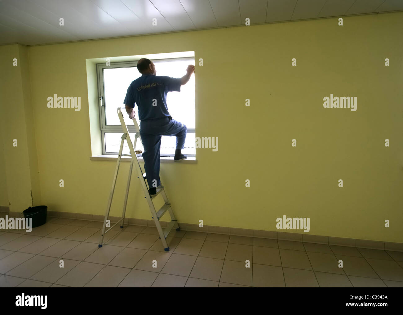 Man on ladder cleaning window Stock Photo - Alamy