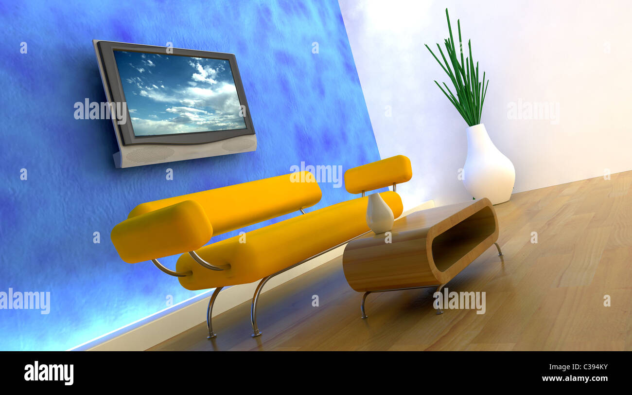 3d render of sofa and television on the wall Stock Photo