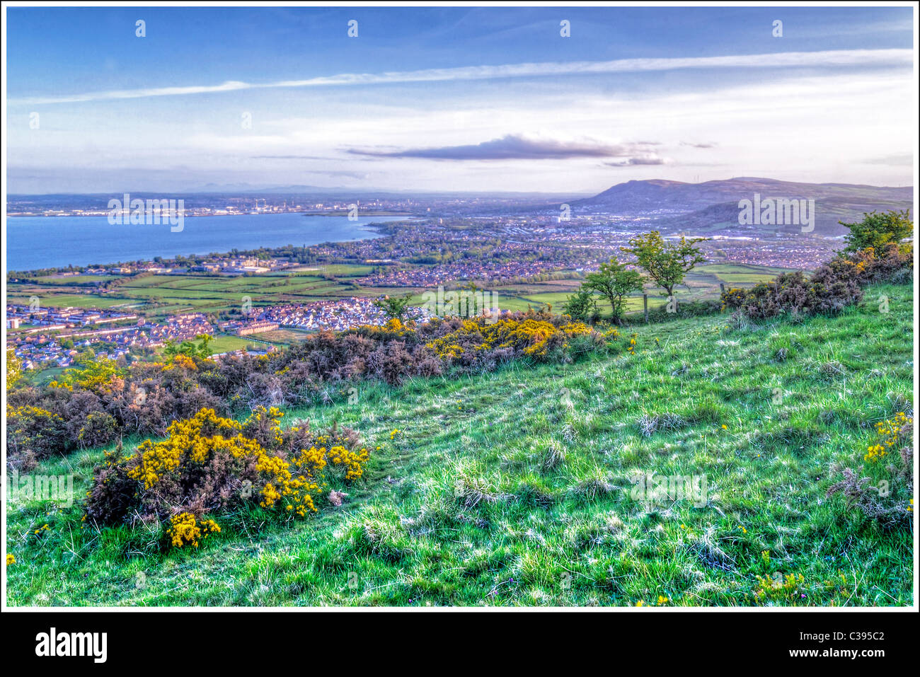 A view into Belfast City from the Knockagh Monument, Greenisland. Stock Photo