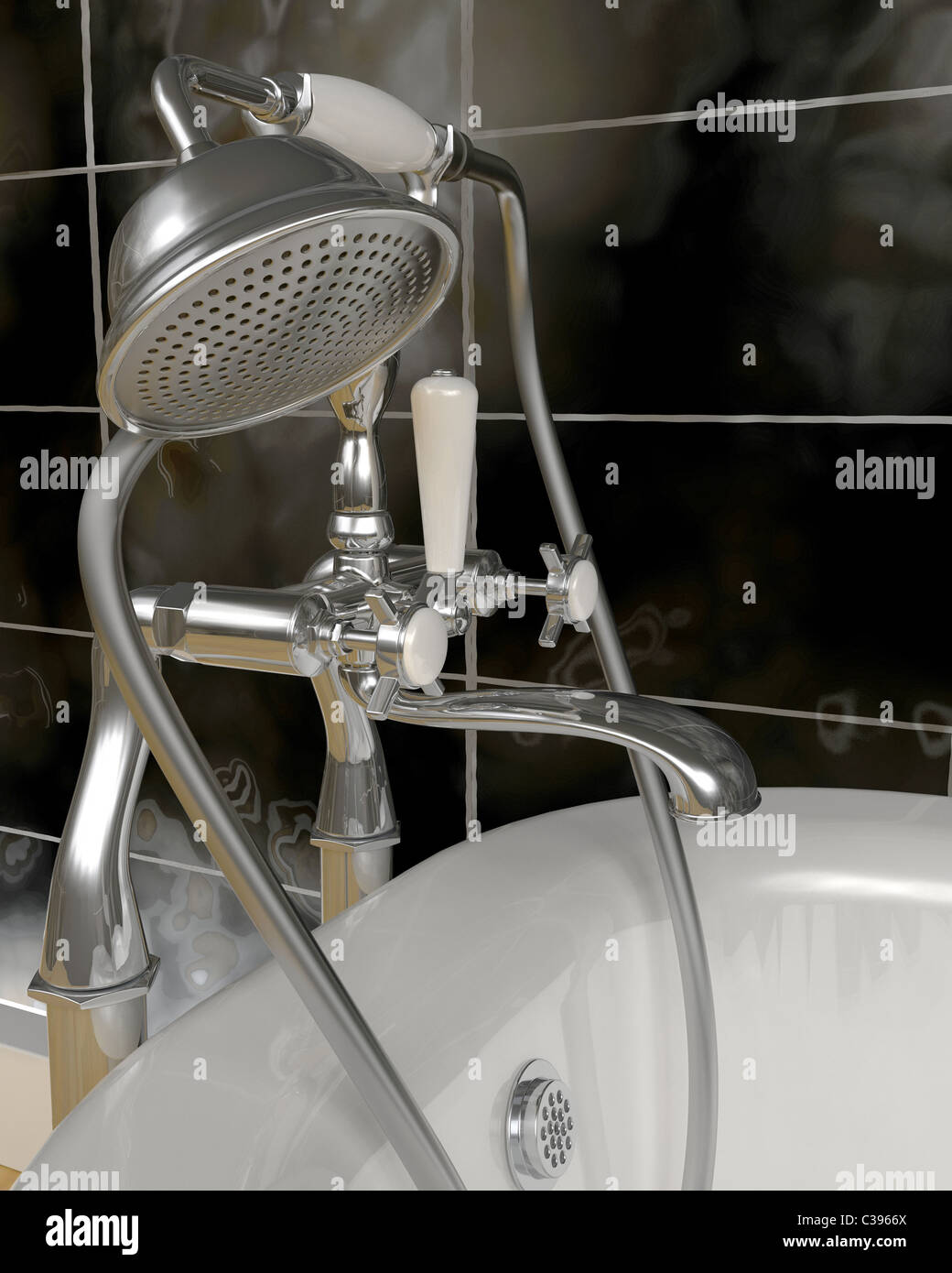 3d render of classic roll top bath and taps with shower attatchment in ...
