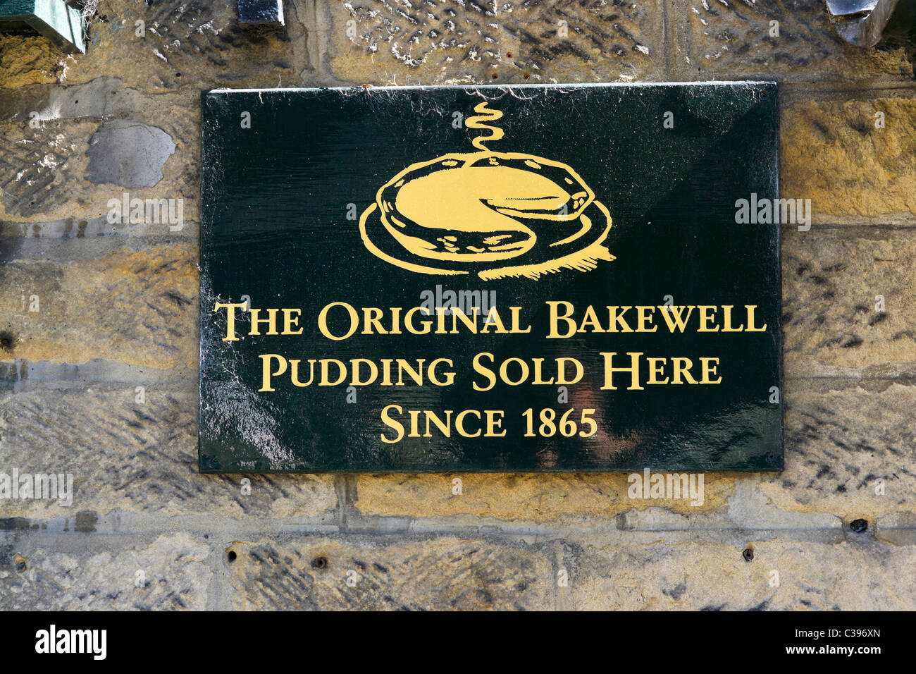 Sign outside The Old Original Bakewell Pudding Shop, Bakewell, The Peak District, Derbyshire, UK Stock Photo