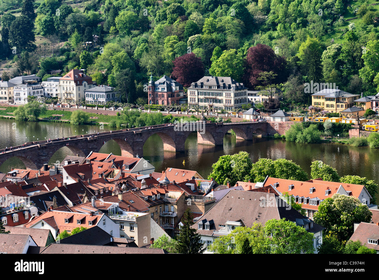 Heidelberg Old Bridge and Neckar riverside, view from Heidelberg Castle ...