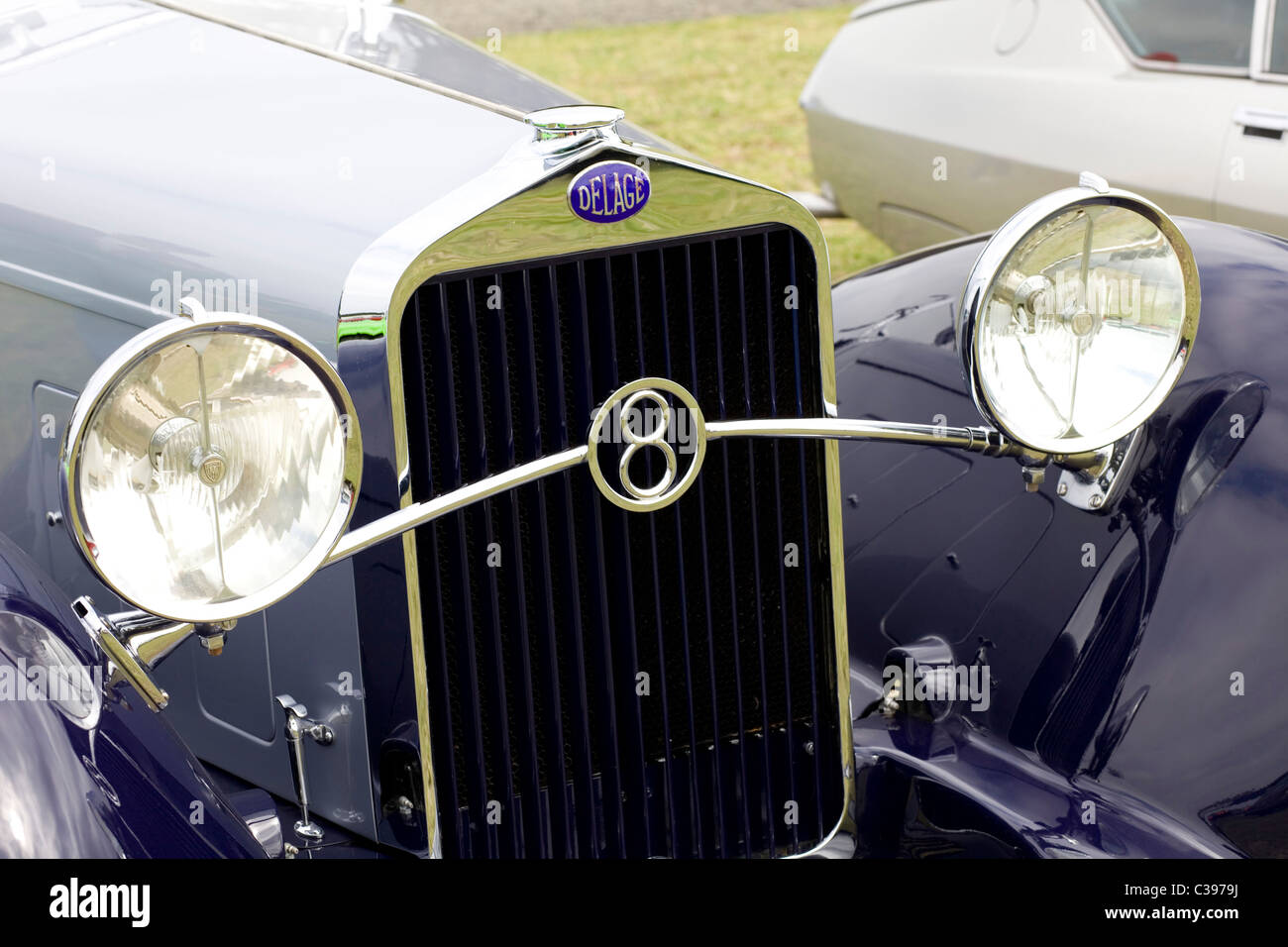 Radiator Grill & Headlights of a Delage Vintage car Stock Photo - Alamy