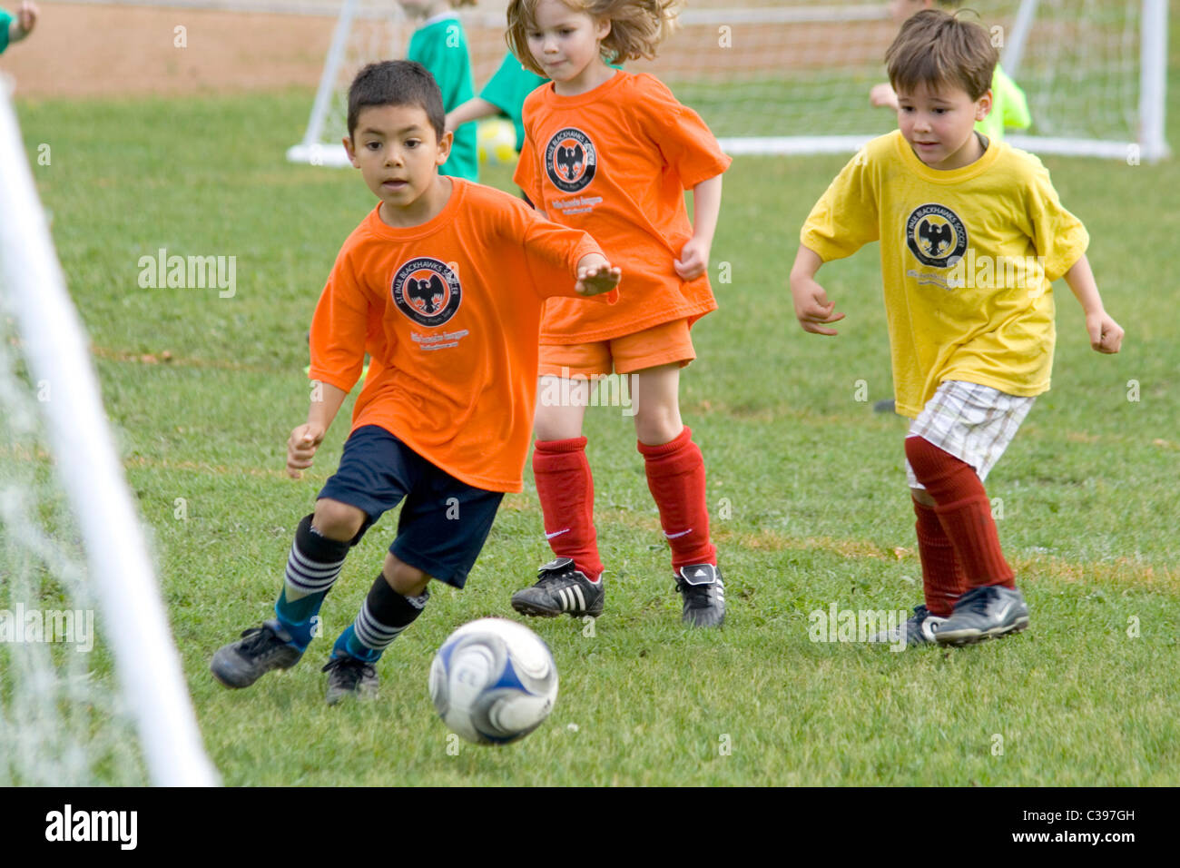 Kids boys and girls 6 years old playing soccer. St Paul Minnesota MN