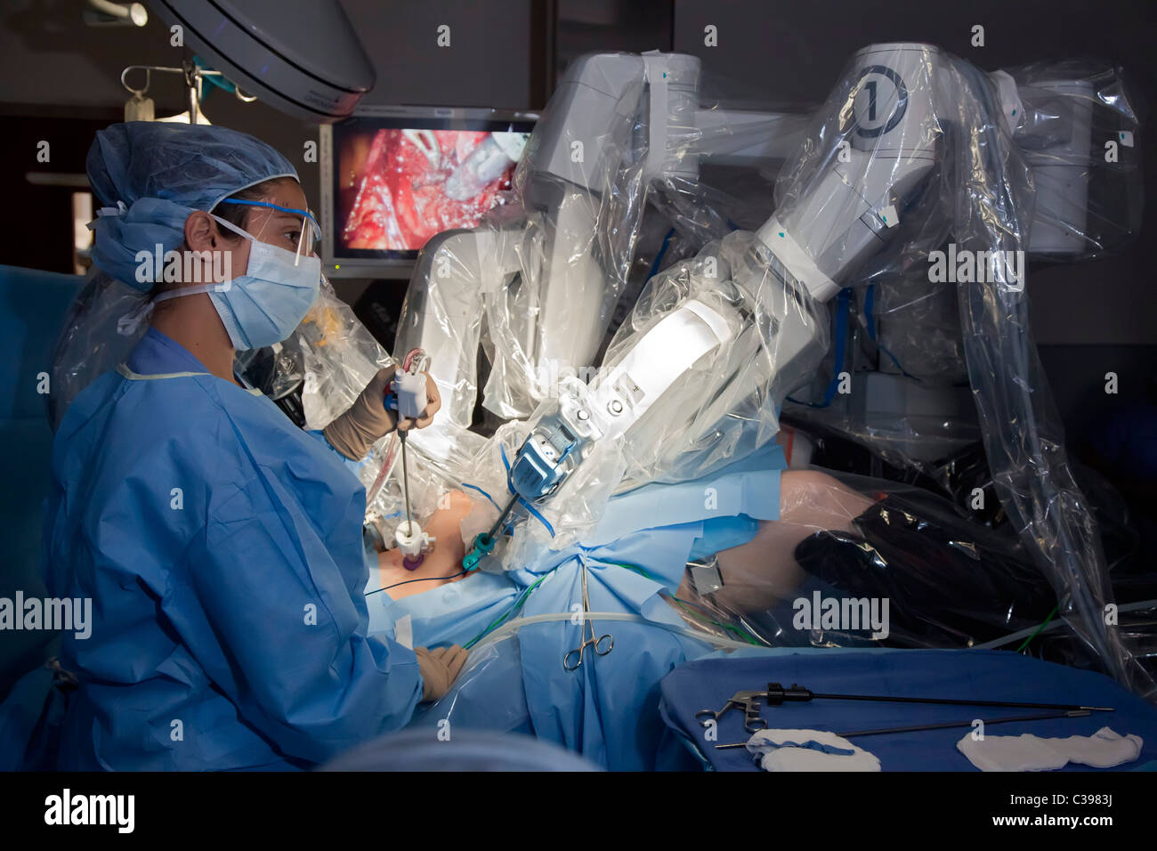 Robotic Surgery in Hospital Operating Room Stock Photo