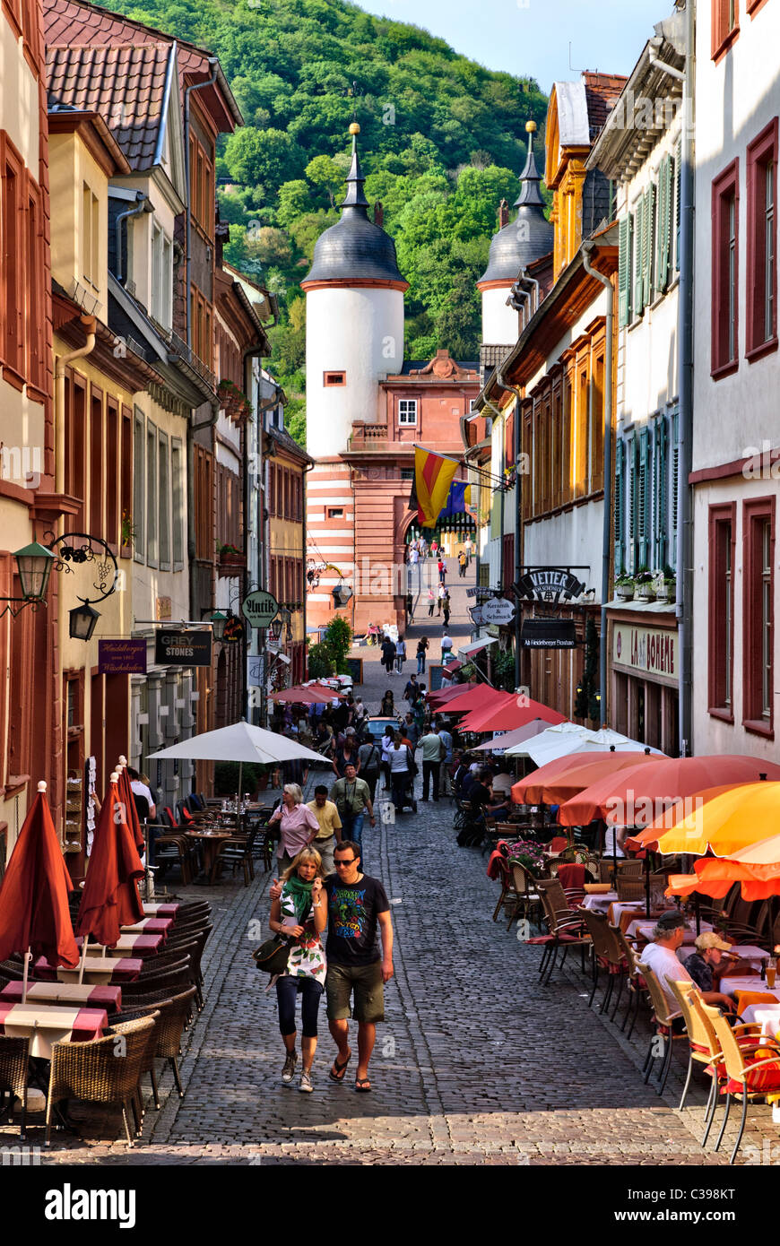 Heidelberg, old town with Old Bridge on the Background, Steingasse