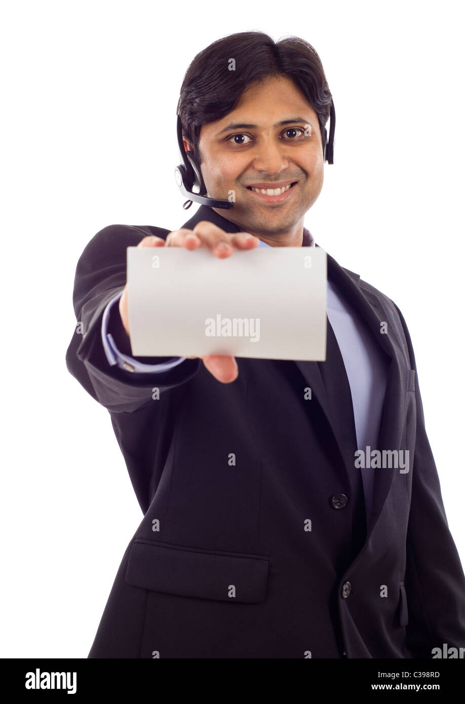 Customer service representative with headset holding a blank empty card isolated over white