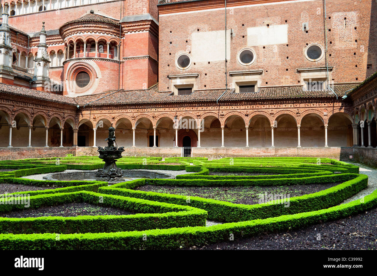 Italian Monastery Certosa di Pavia inner garden Stock Photo