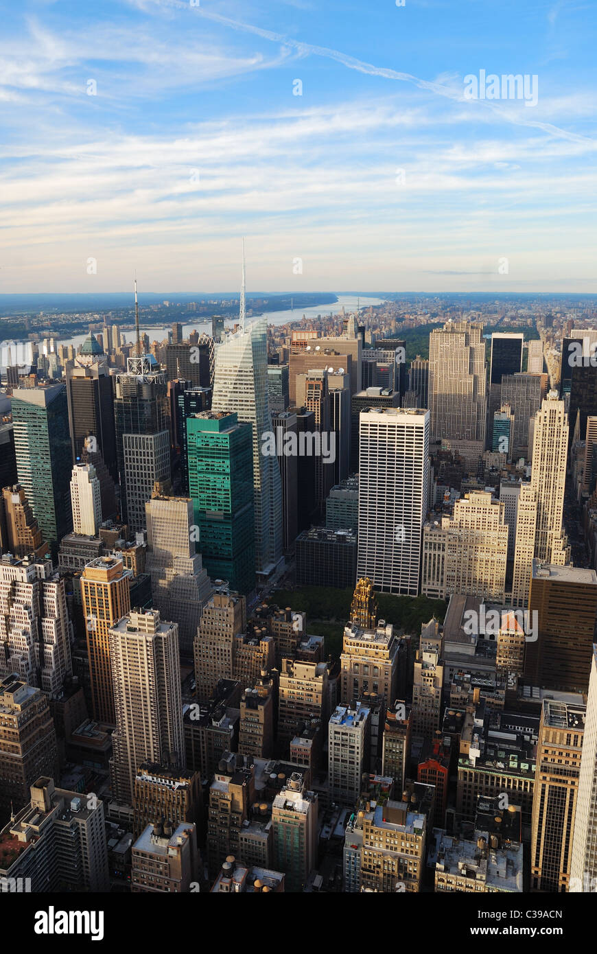 New York City Manhattan sunset skyline aerial view with office building ...