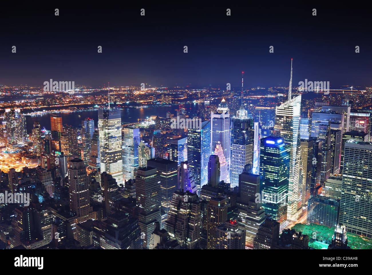 New York City Manhattan Times Square panorama aerial view at night with office building