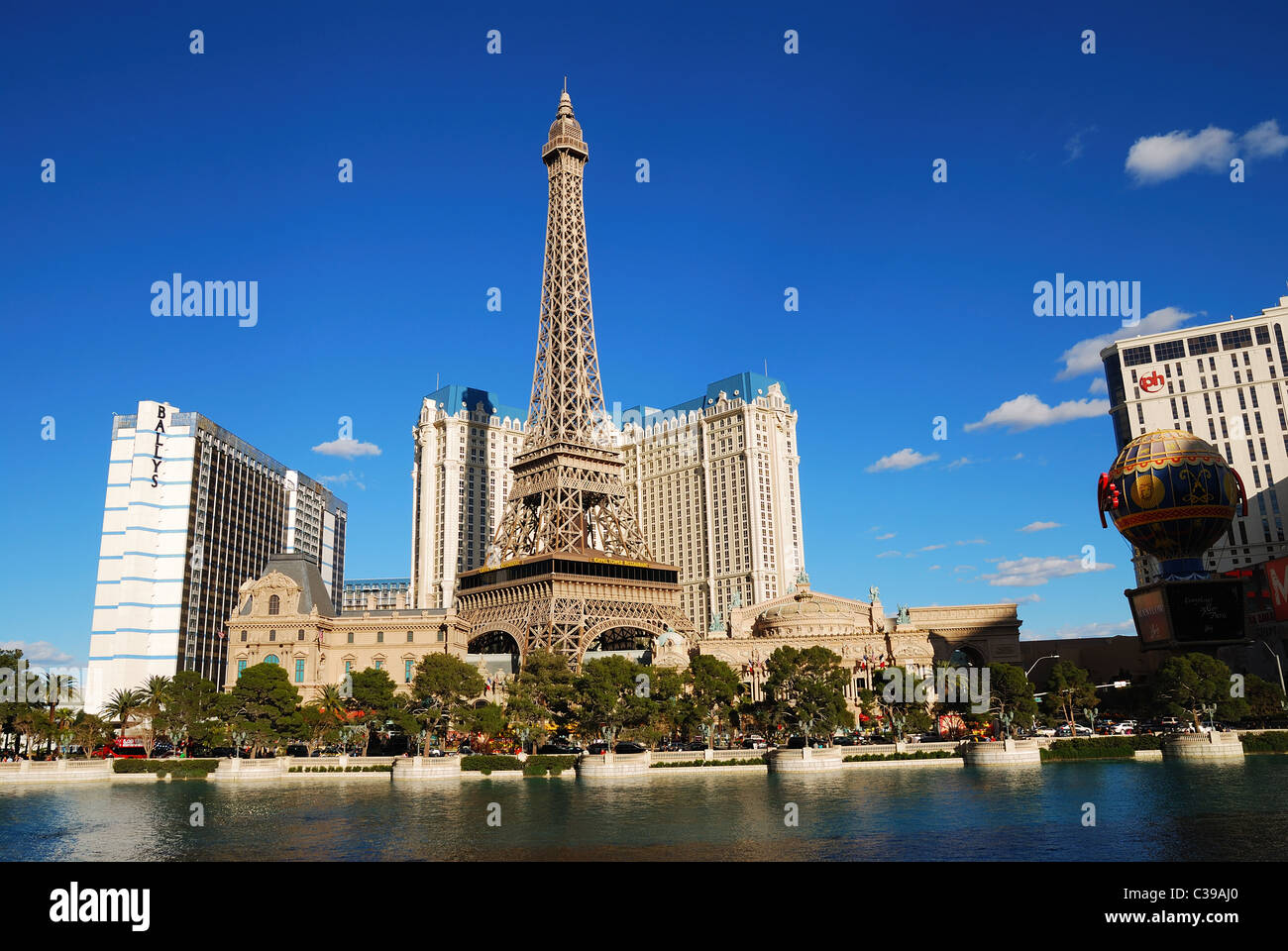 Paris Hotel Casino with Eiffel Tower, Las Vegas, with lake on strip. Stock Photo