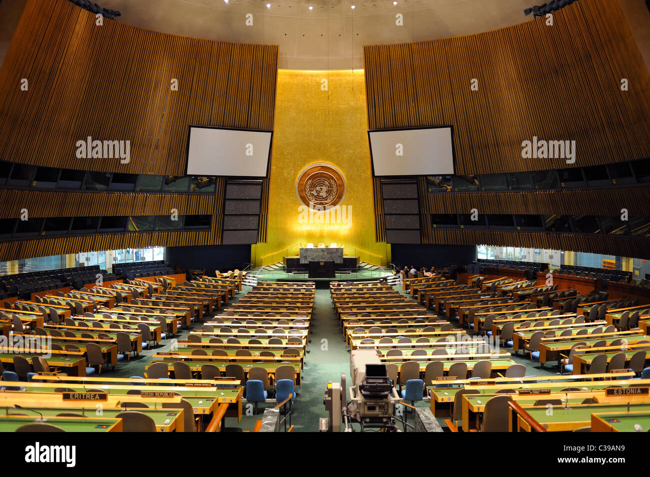 The General Assembly Hall in the United Nations in Manhattan, New York City. Stock Photo