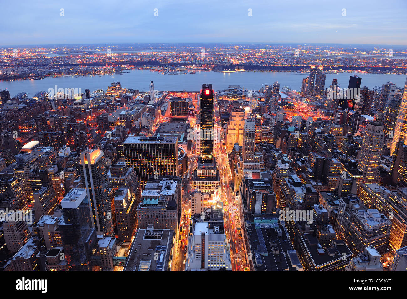 New York City Manhattan aerial view at dusk with urban city skyline and ...