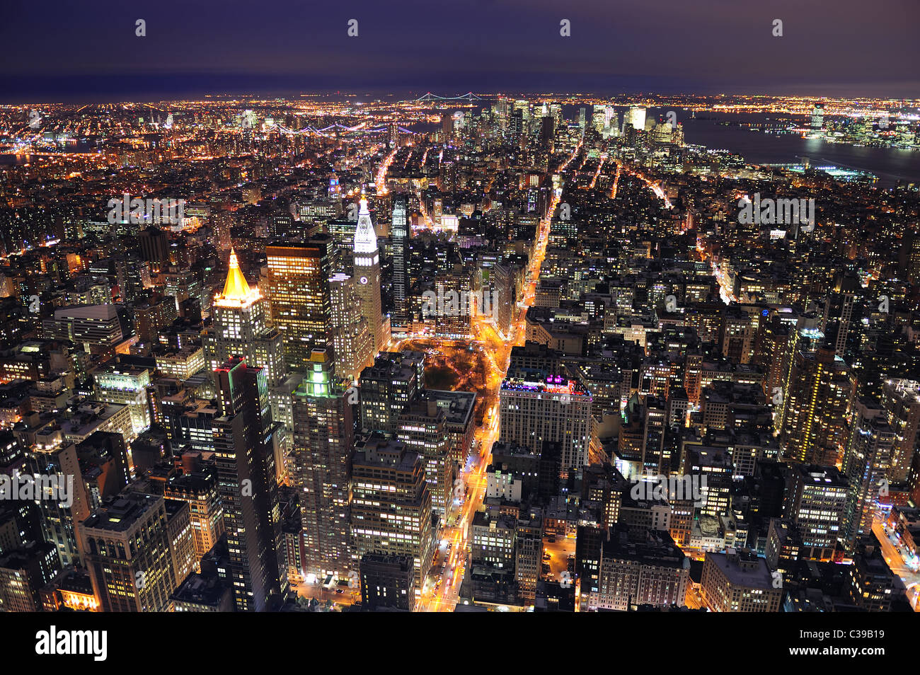 New York City Manhattan aerial view at dusk with urban city skyline and ...