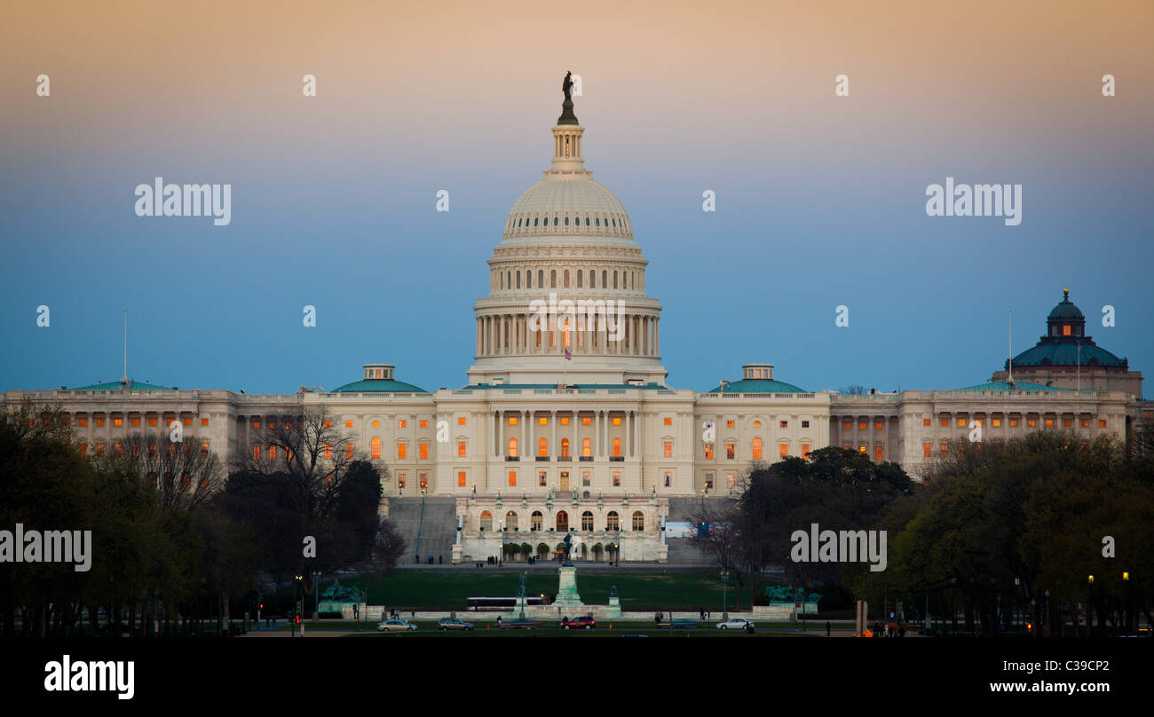 The United States Capitol at the end of the National Mall in Washington, DC, seen at sunset Stock Photo