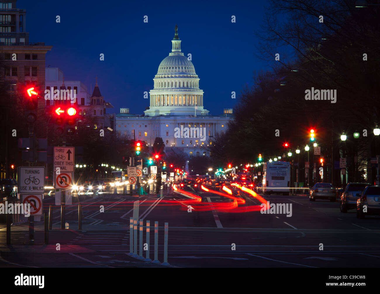 The United States Capitol at the end of the National Mall in Washington, DC seen from Pennsylvania Avenue in the early evening Stock Photo