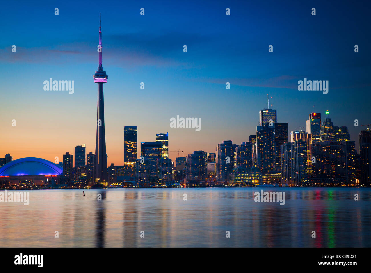 Downtown Toronto skyline, including CN Tower and Rogers Center, as seen in the early evening Stock Photo