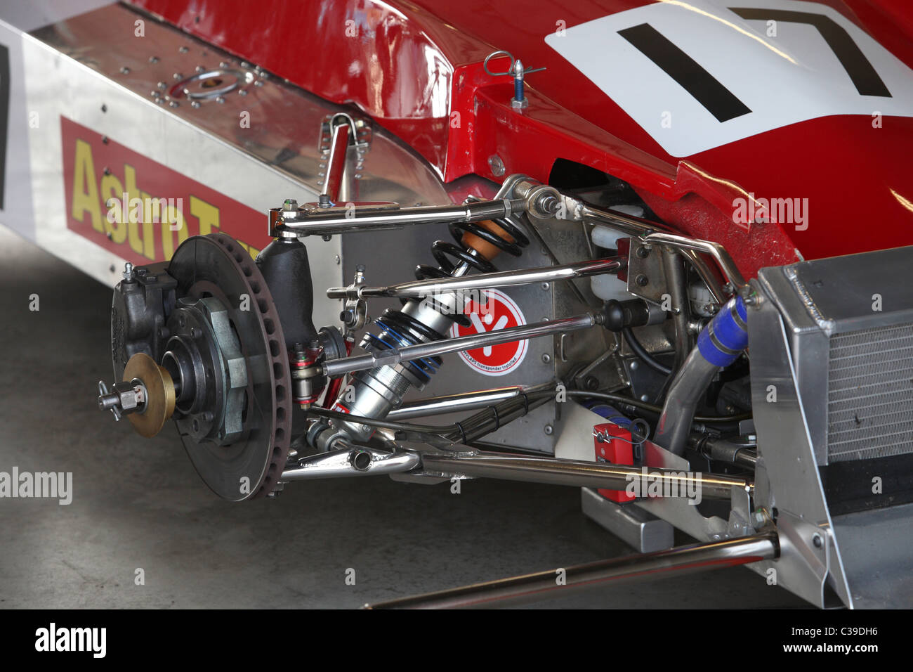 Front wheel suspension on formula 2 race car Stock Photo