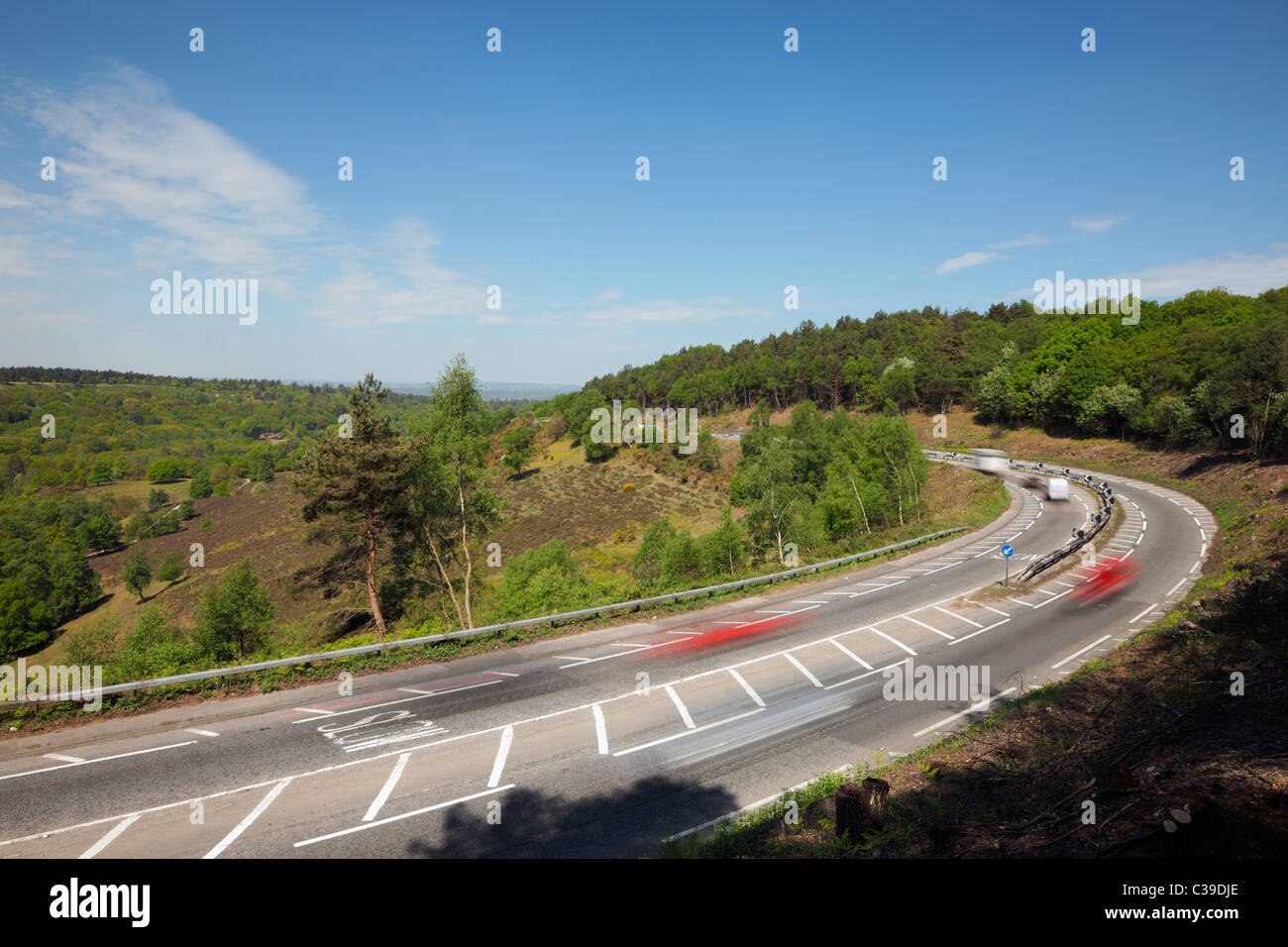 The London to Portsmouth road A3, at the Devils Punchbowl Hindhead before the relief tunnel. April 2011. Stock Photo