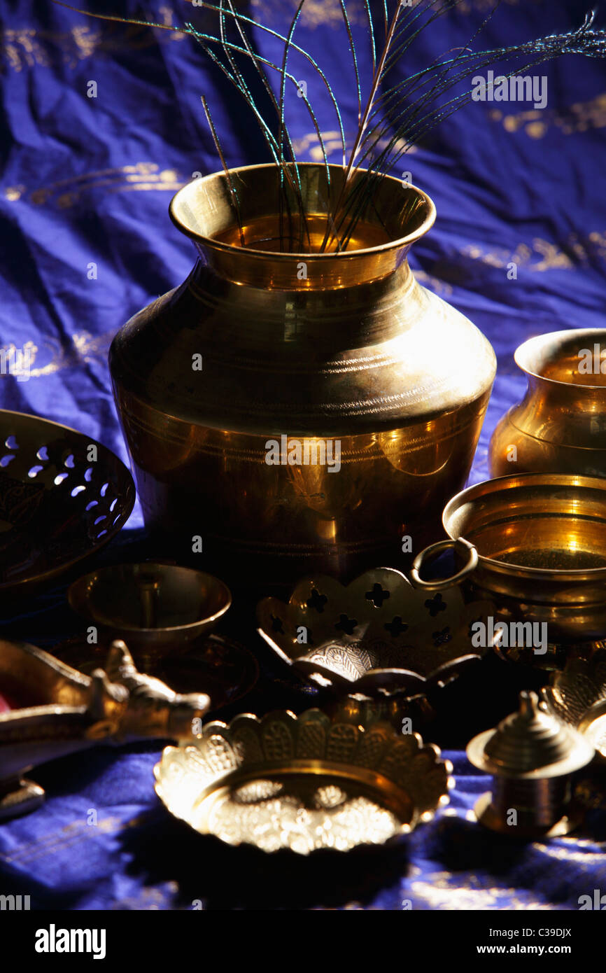Still life of Indian bronze bowls and plates Stock Photo Alamy
