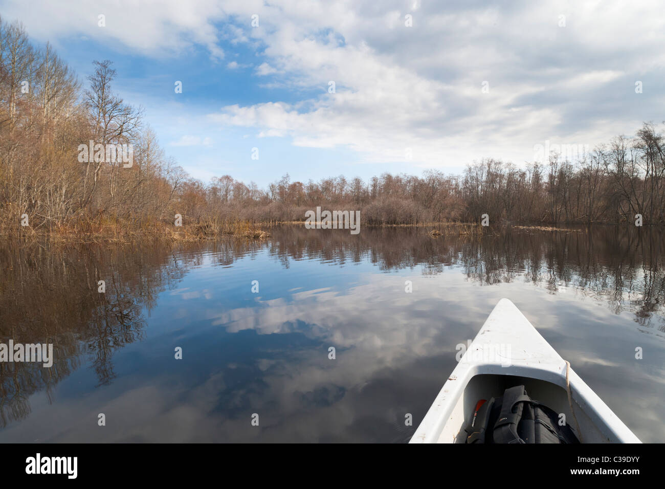 Canoing on flooded river Stock Photo
