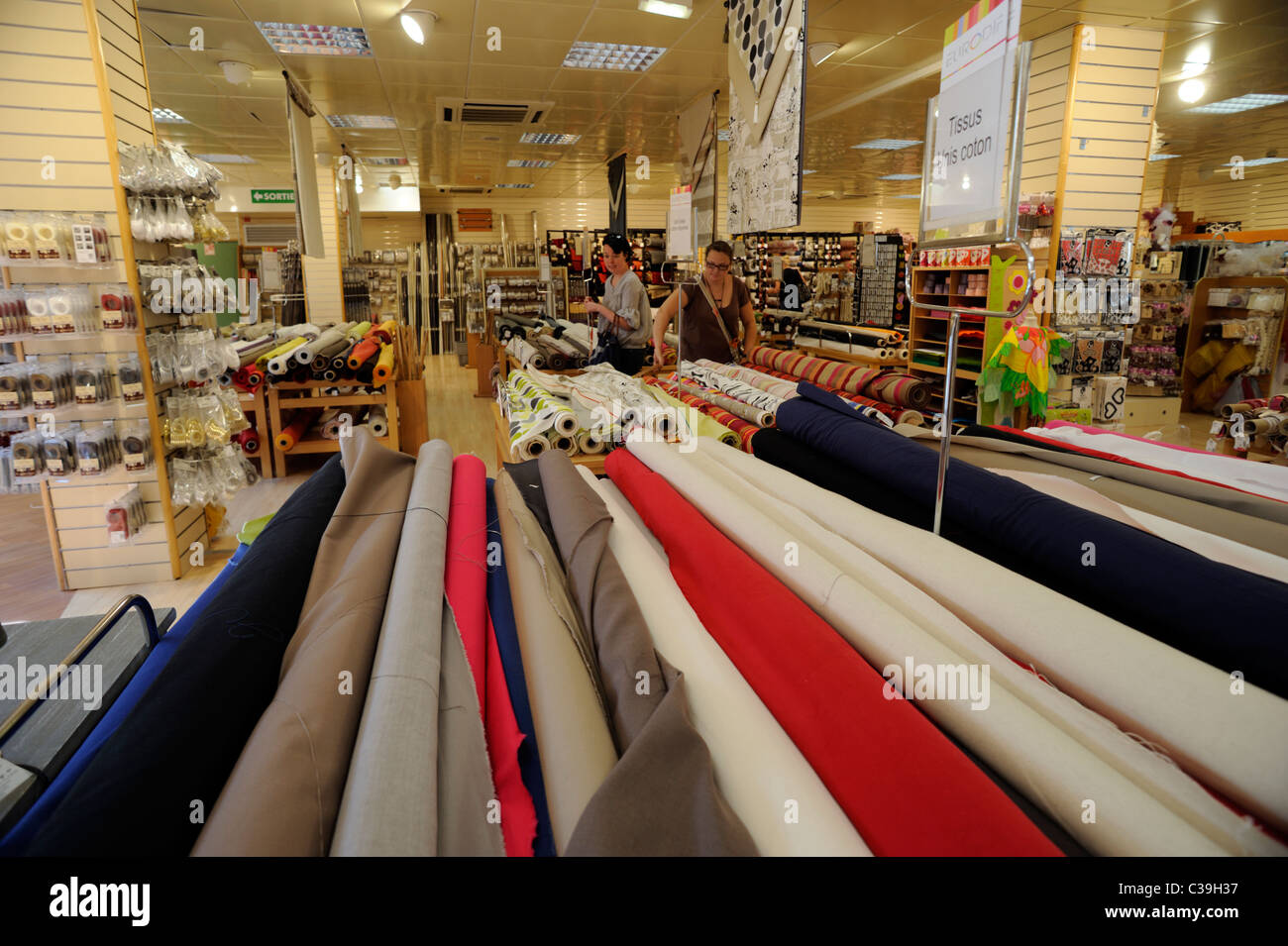 France, Brittany (Bretagne), Finistère, Quimper, fabric shop interior Stock Photo