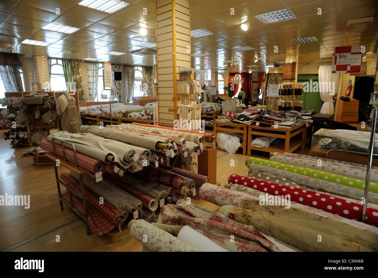 France, Brittany (Bretagne), Finistère, Quimper, fabric shop interior Stock Photo