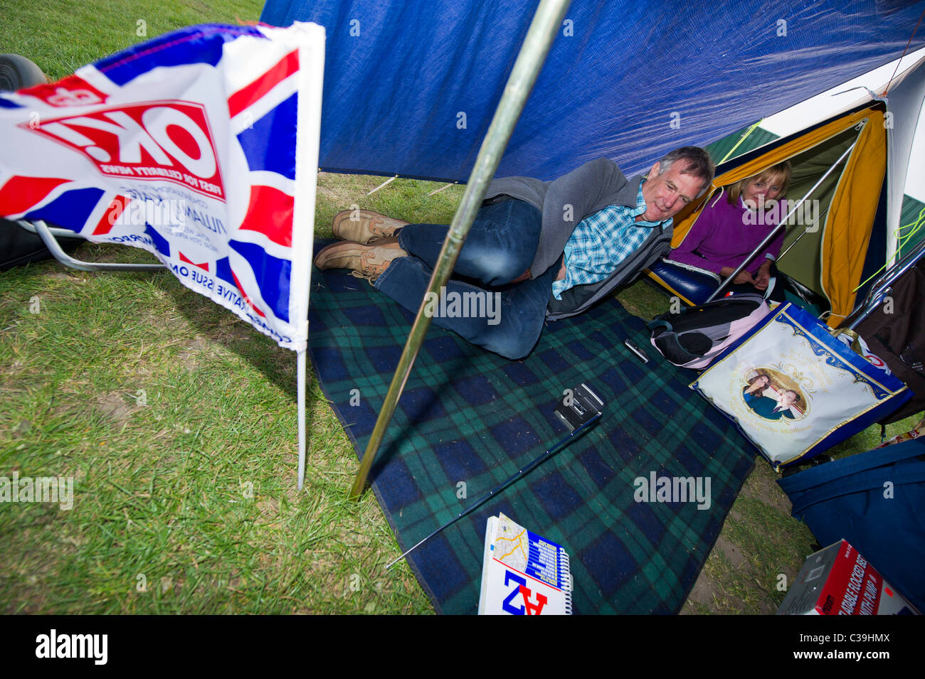 People camp and enjoy a garden party at Camp Royale on Clapham Common in order to be able to celebrate the Royal Wedding Stock Photo