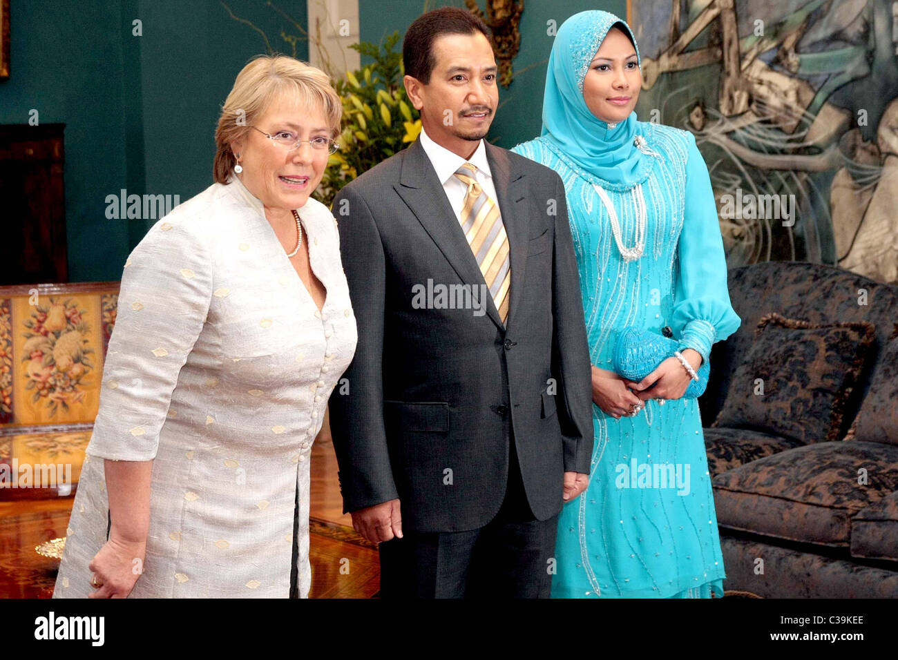 President of Chile Michelle Bachelet, King Tuanku Mizan Zainal Abidin of Malaysia and Sultanah Nur Zahirah President of Chile Stock Photo