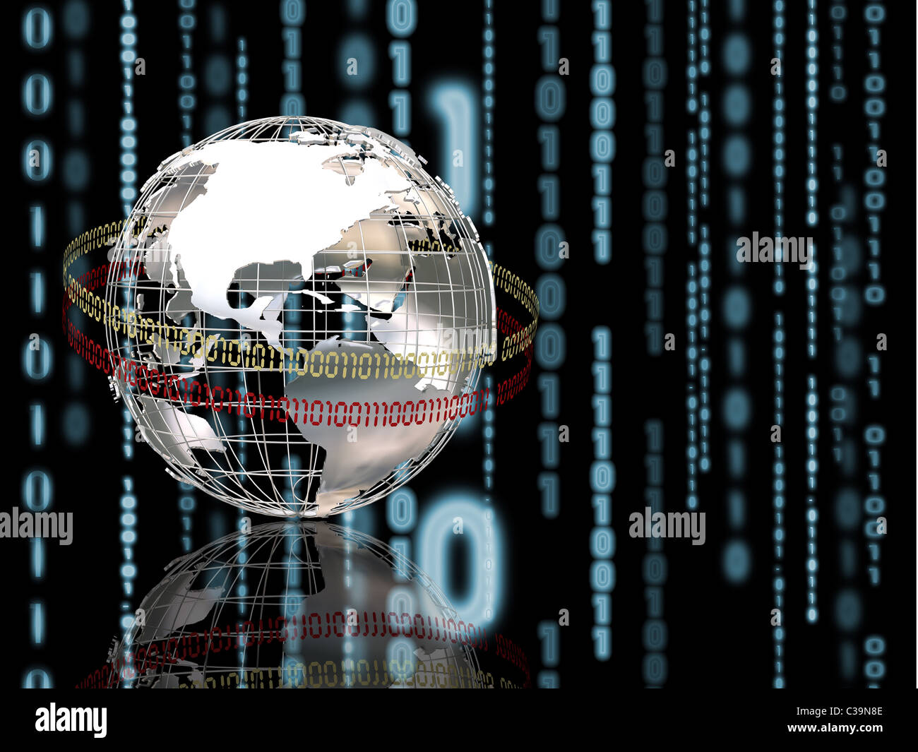 3D render of wireframe globe on binary code background Stock Photo