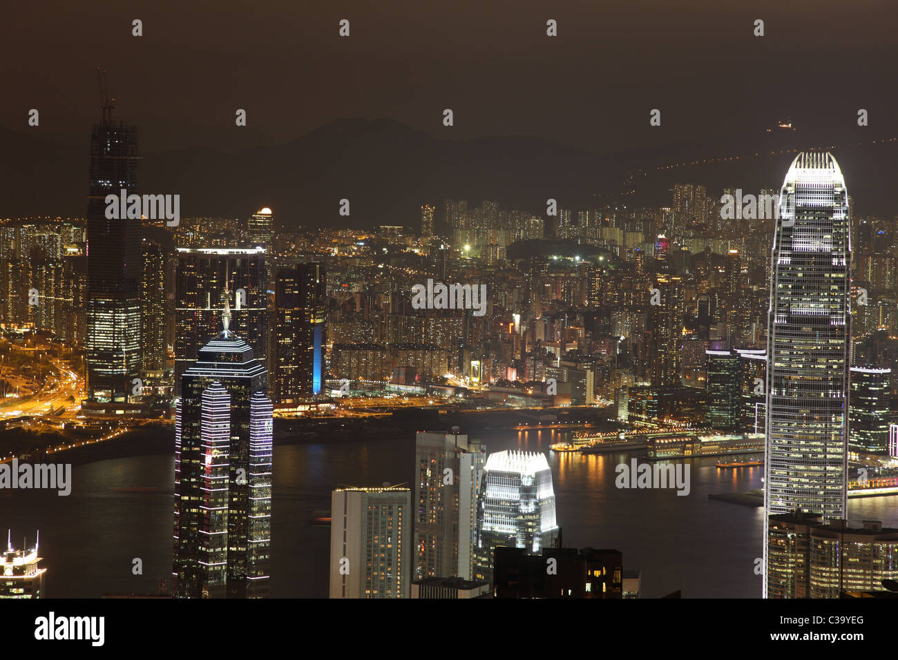 Illuminated Hong Kong Kowloon skyline from Peak View at night Stock ...