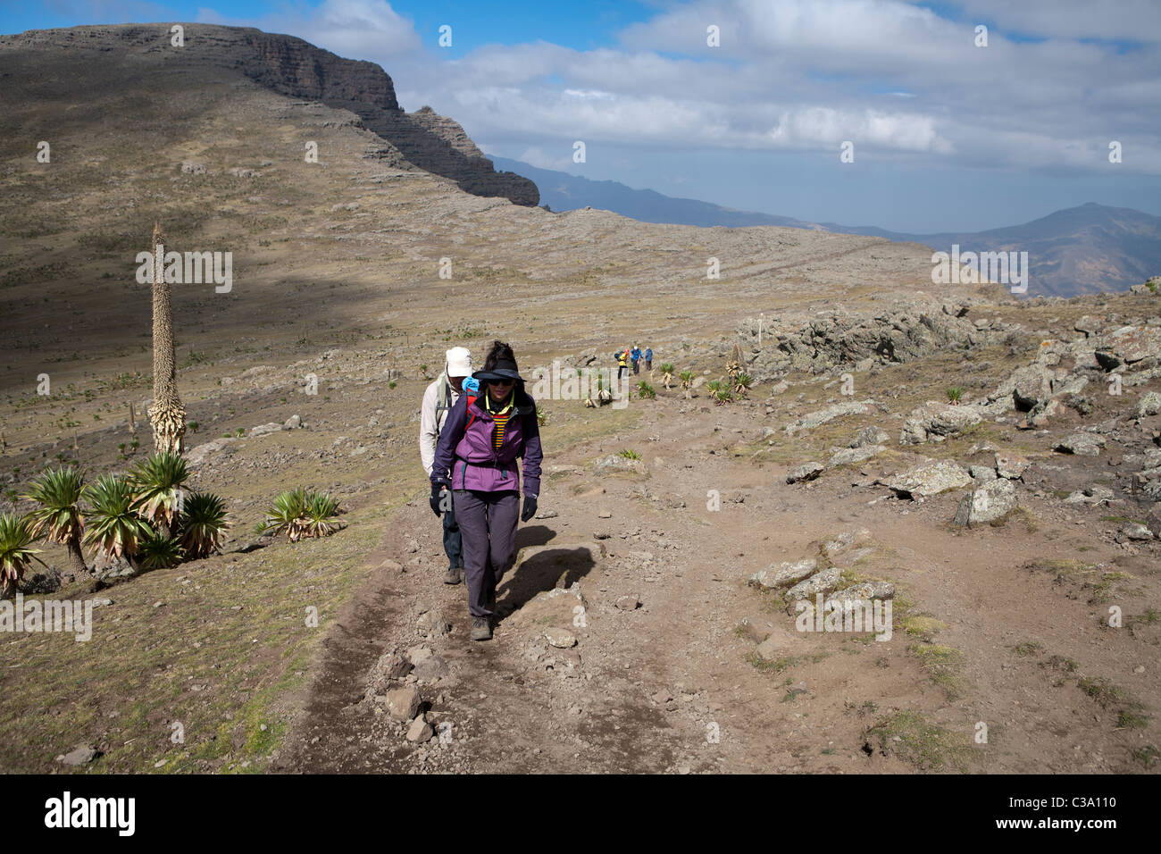 Hikers approach the summit of Ras Dashen, Ethiopia's highest mountain
