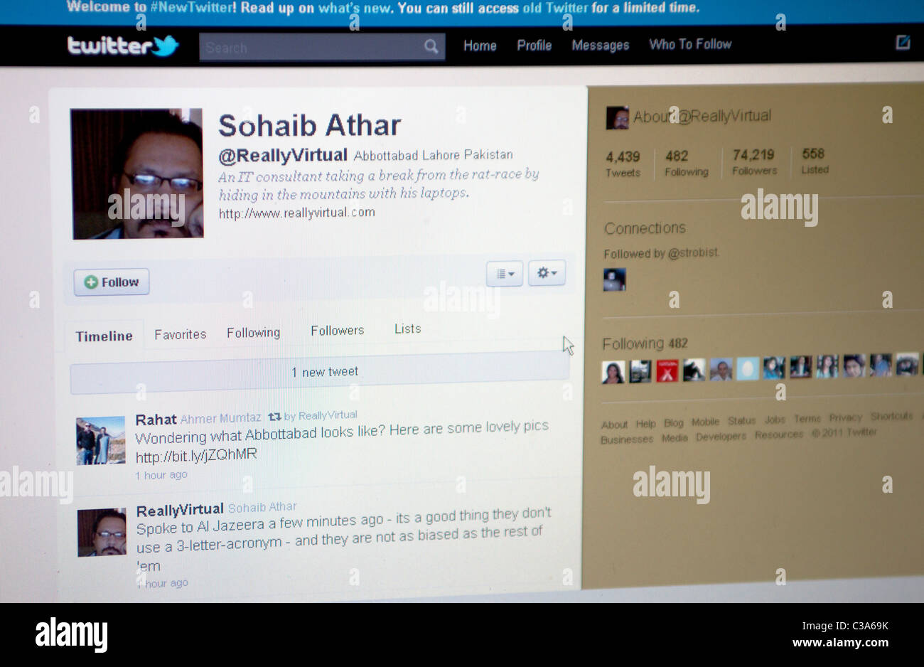RIJEKA, CROATIA - MAY 2:Twitter.com site profile of Mr. Sohaib Athar. Mr. Athar was publishing news on twitter.com parallel with Stock Photo