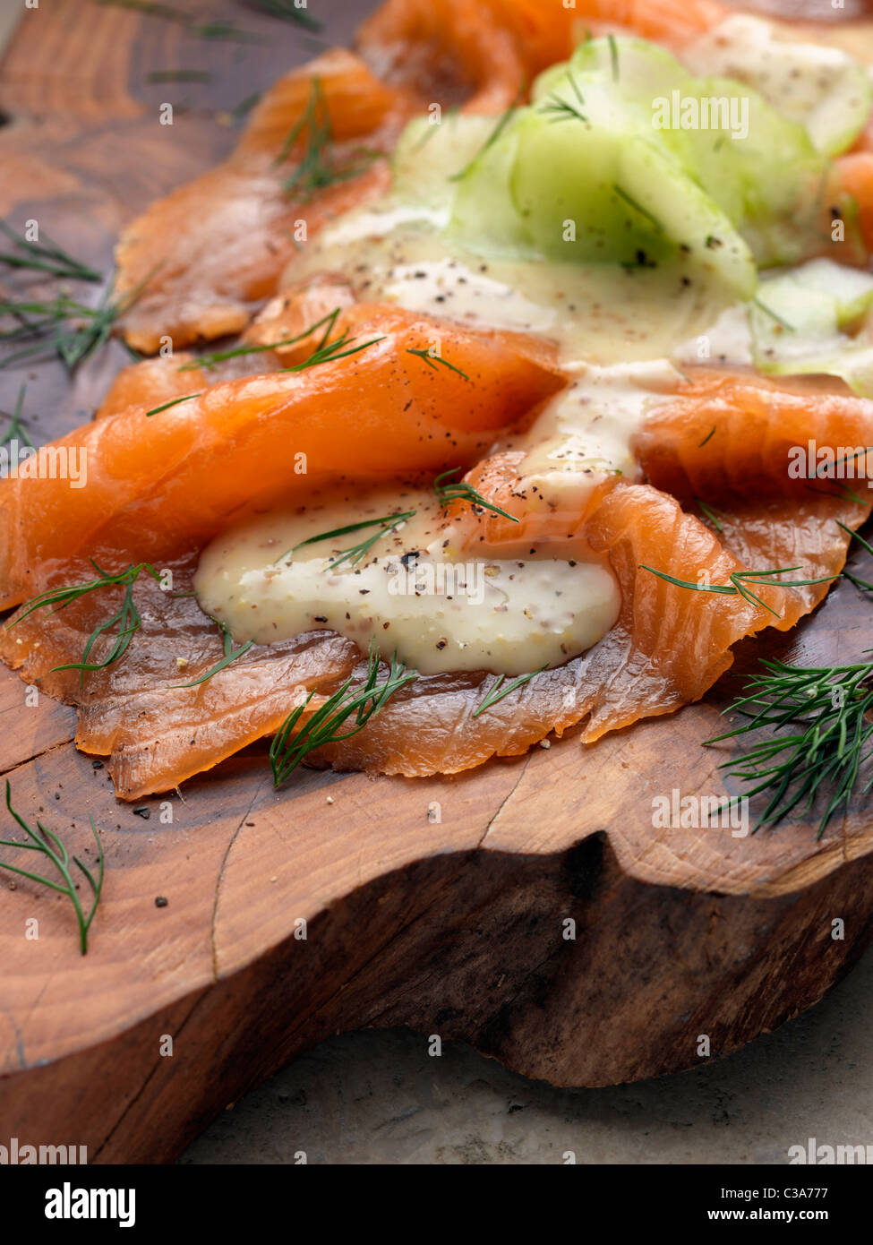 Gravlax smoked salmon sugar salt dill mustard dressing hires stock