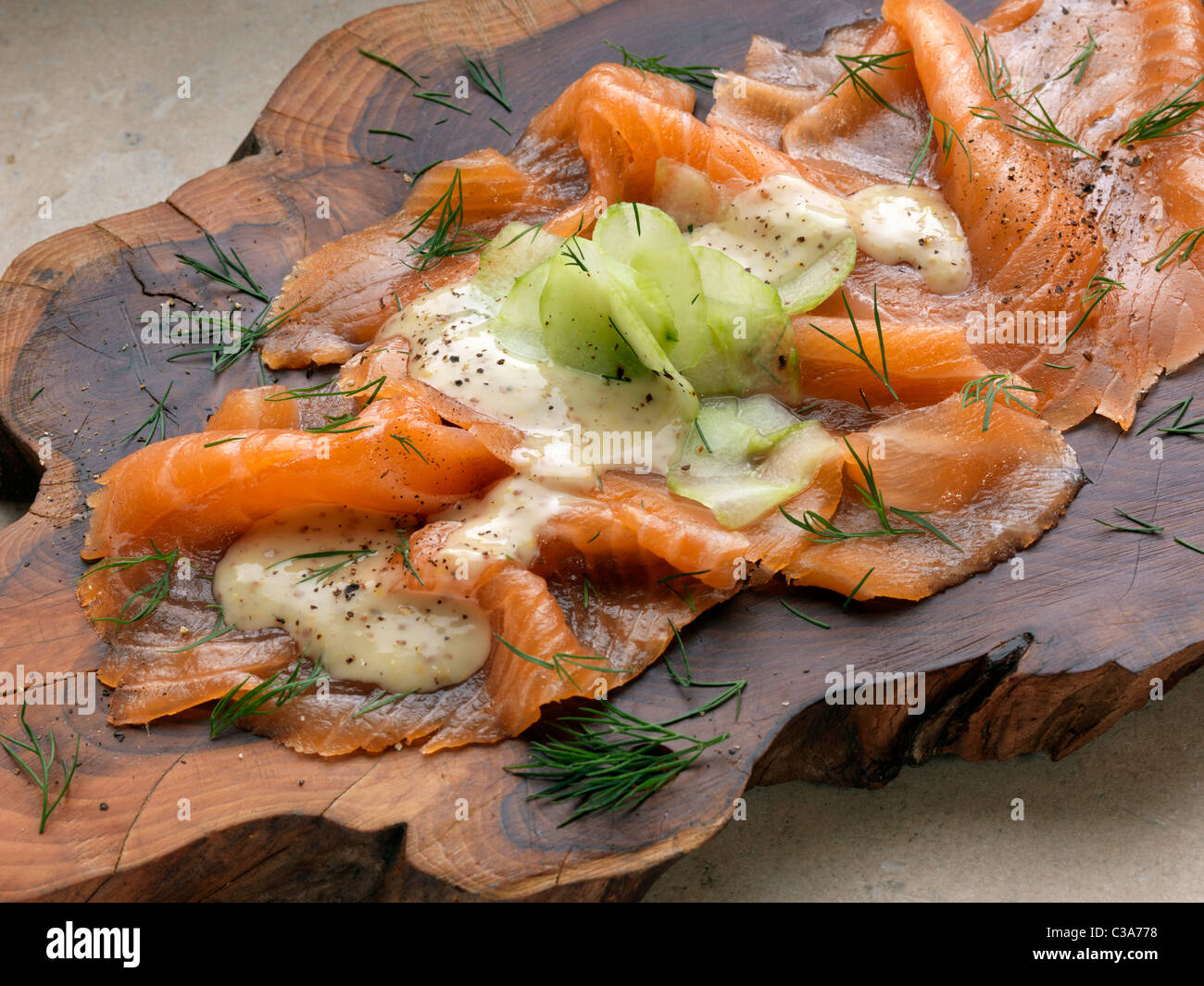 Gravadlax smoked salmon with dill cucumber mustard dressing Marco Pierre White recipe gravlax