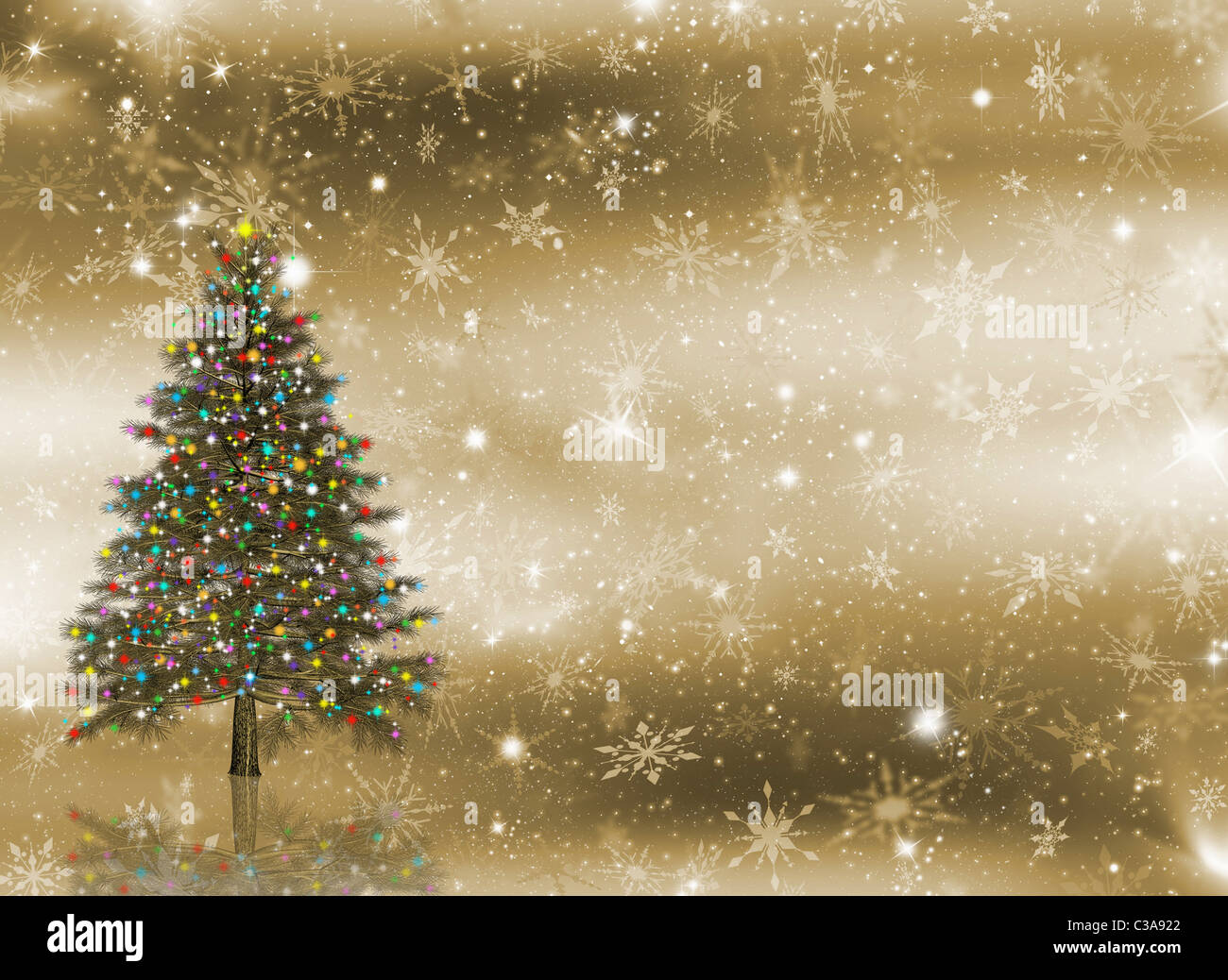 Christmas tree with glittering lights on snowflake background Stock ...