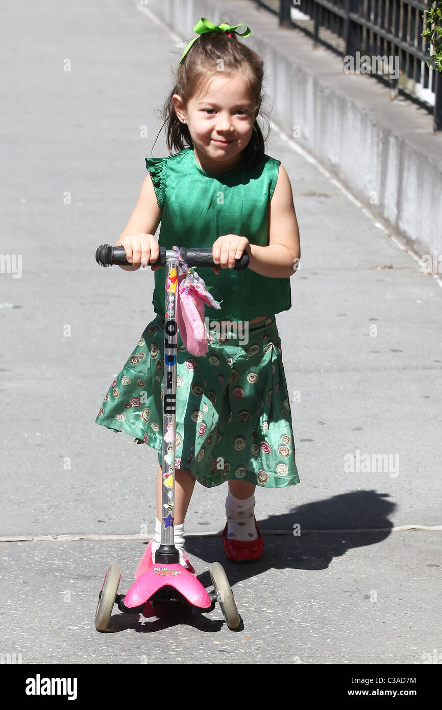 Hugh Jackman's daughter, Ava Eliot, rides her kick scooter New York
