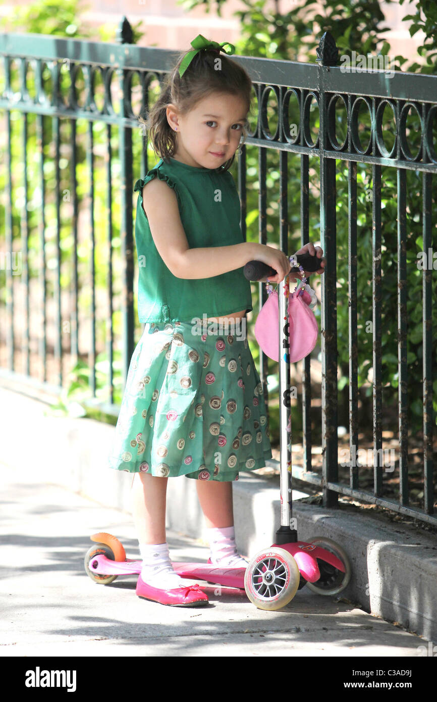 Hugh Jackman's daughter, Ava Eliot, rides her kick scooter New York