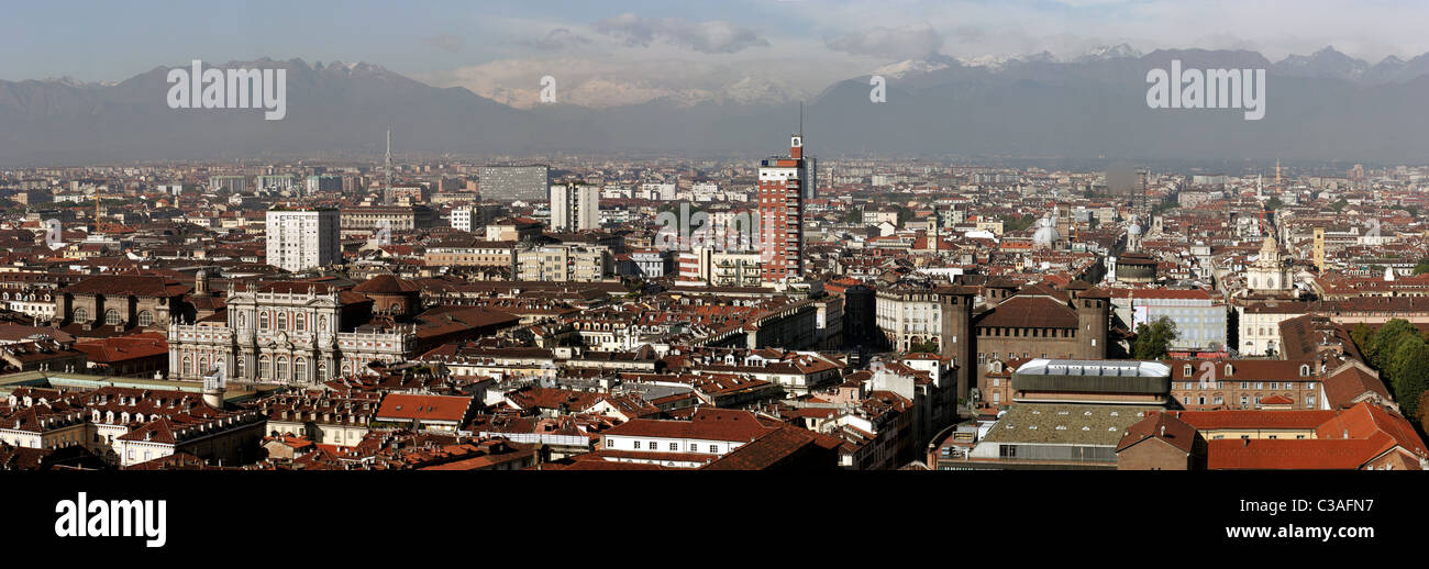 Italy, Piedmont region, Torino city, panoramic sight of the city and the Alps at the background Stock Photo
