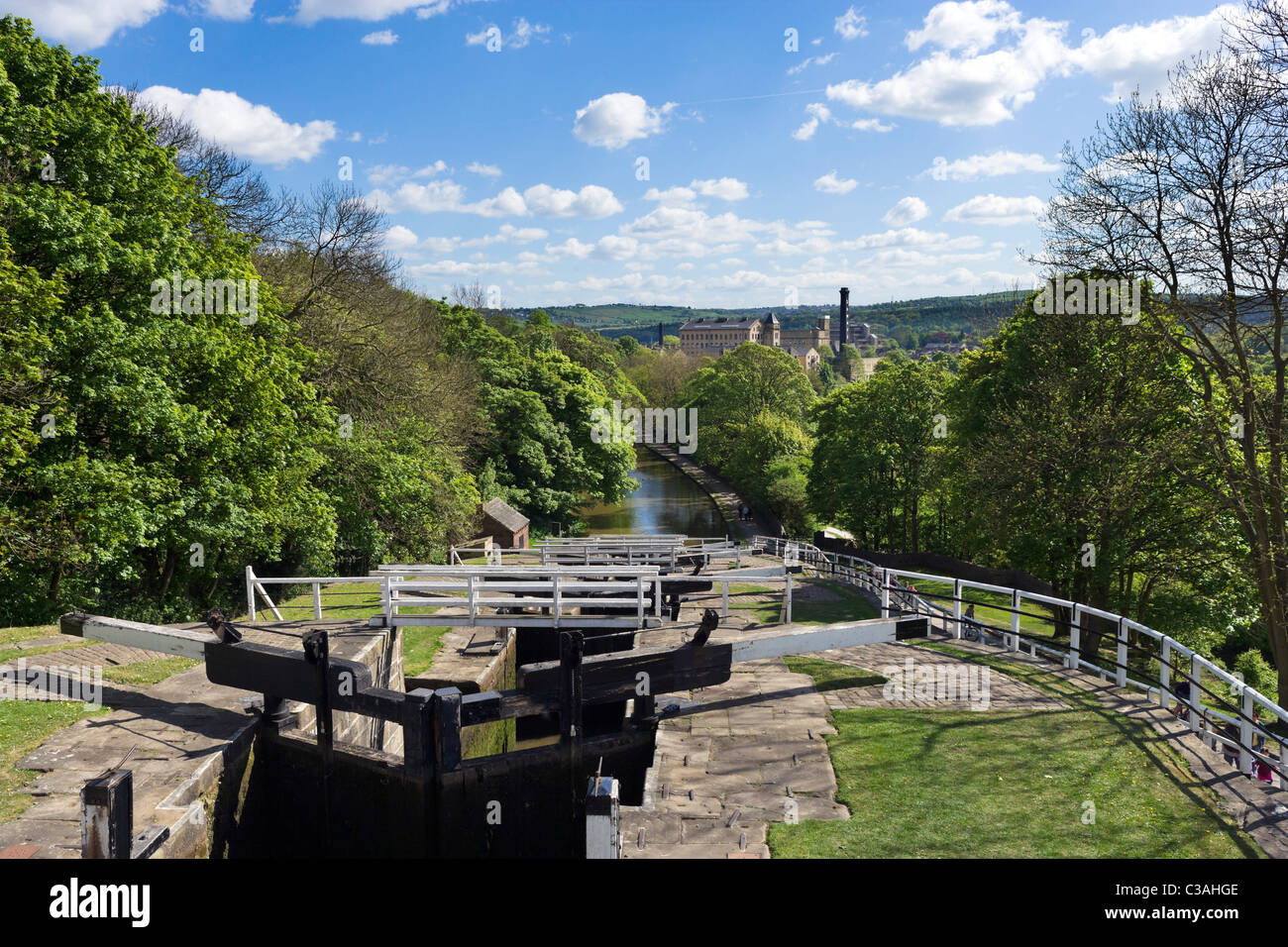 View over the Leeds and Liverpool Canal from the top of Five Rise Locks, Bingley, West Yorkshire, UK Stock Photo