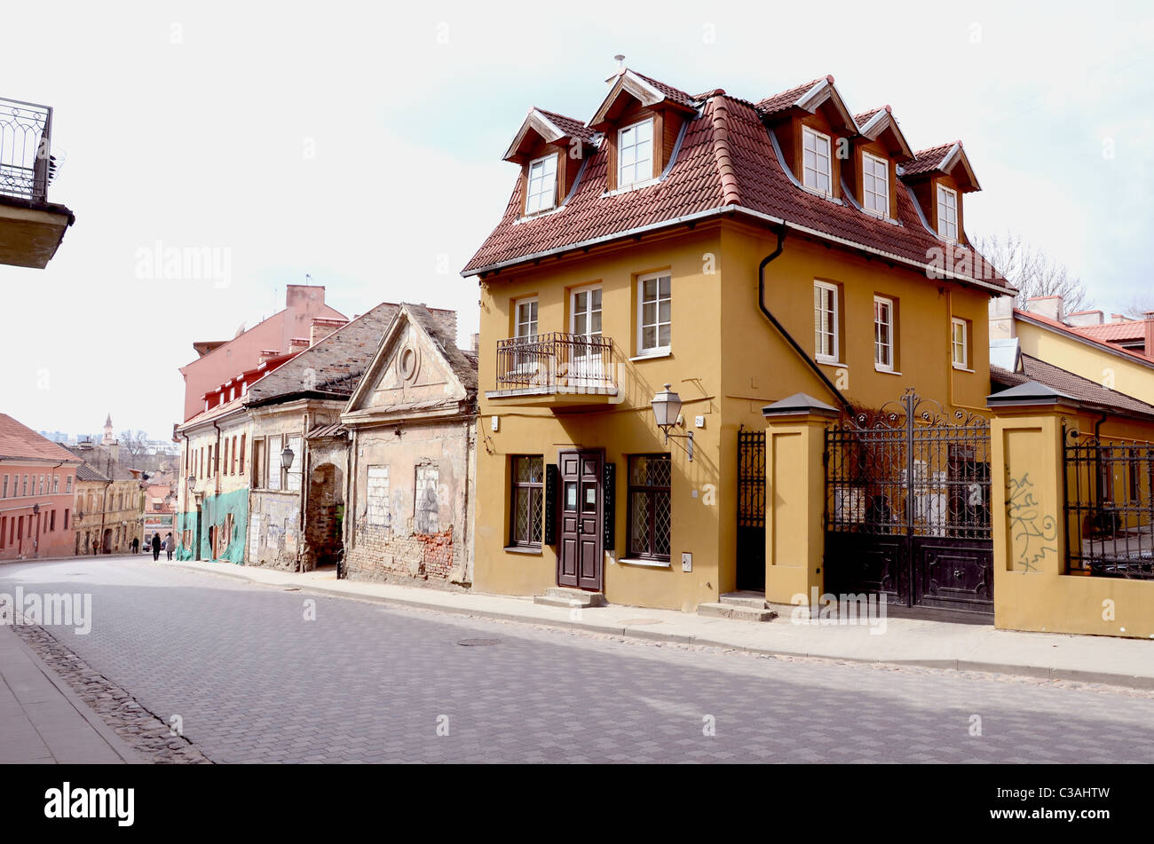 Beautiful houses of Oldtown in Vilnius distrint Uzupis. Stock Photo