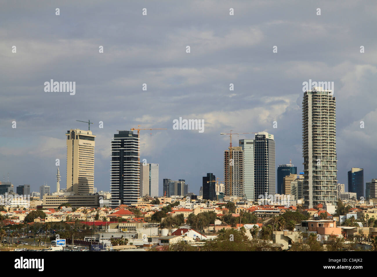 Israel, Tel Aviv-Yafo, High-rise buildings behind Neve Tzedek neighborhood Stock Photo