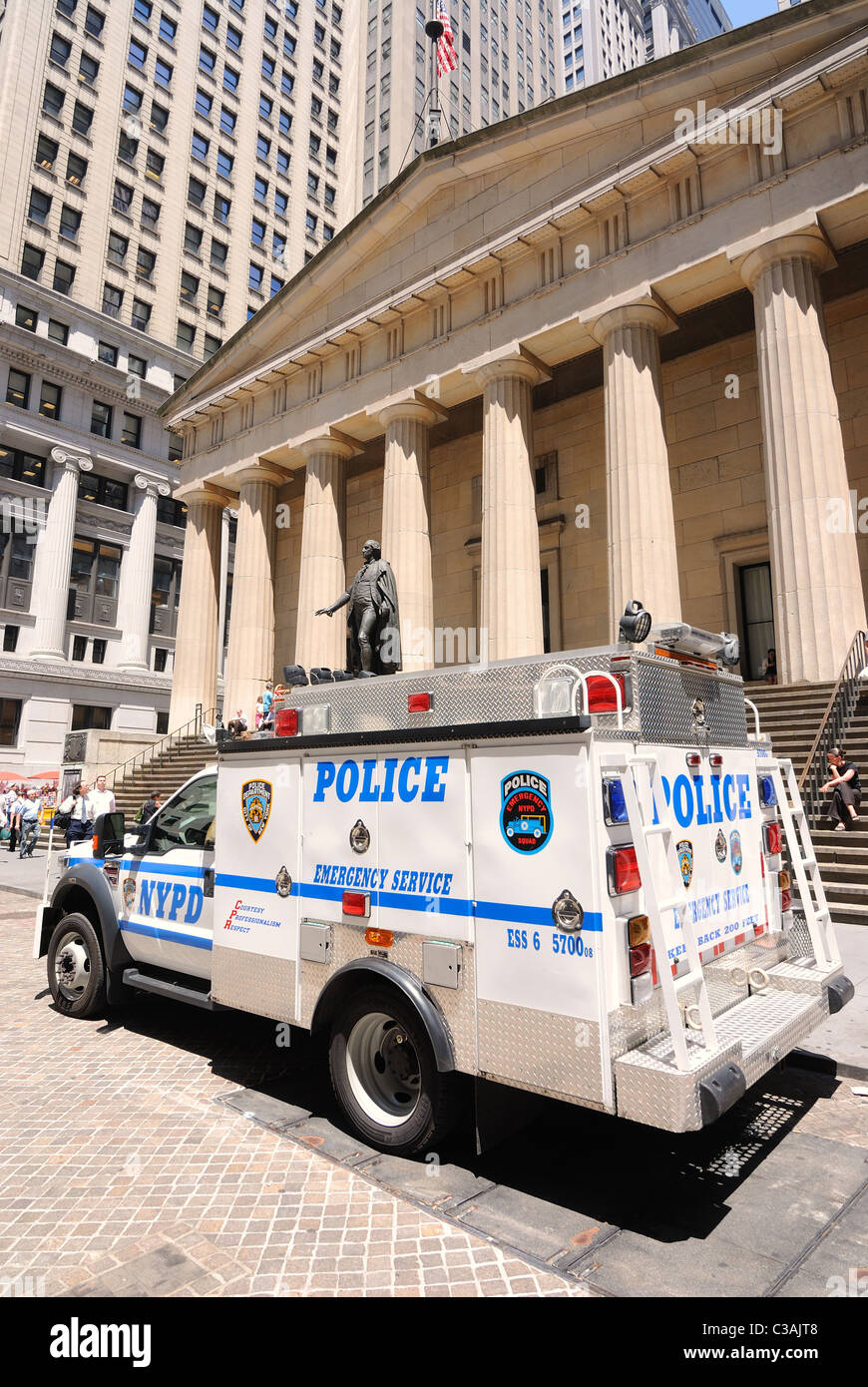 New York Police Department emergency vehicle on Wall Street in New York City. Stock Photo