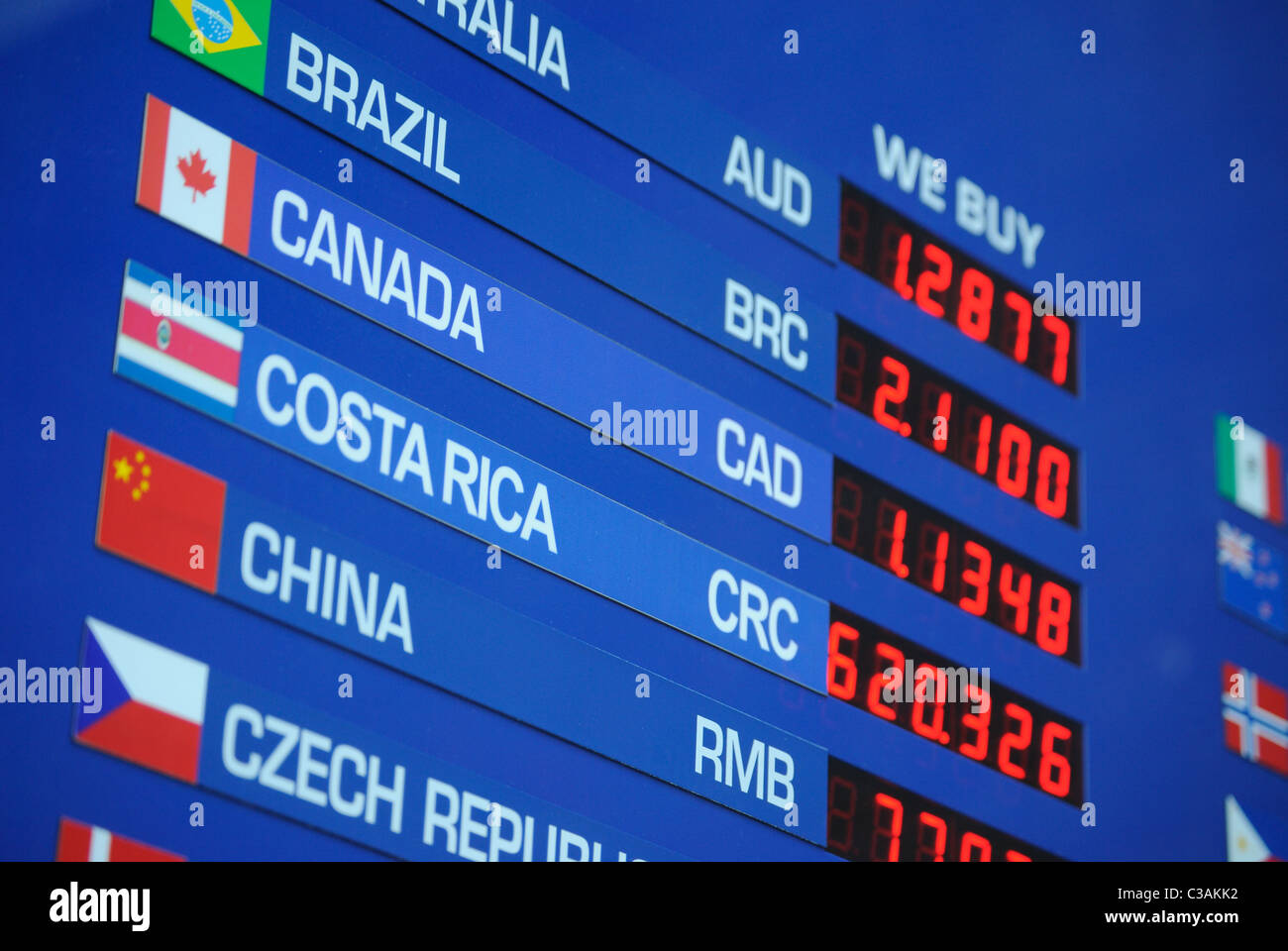 Sign depicting exchange rates for different international currencies