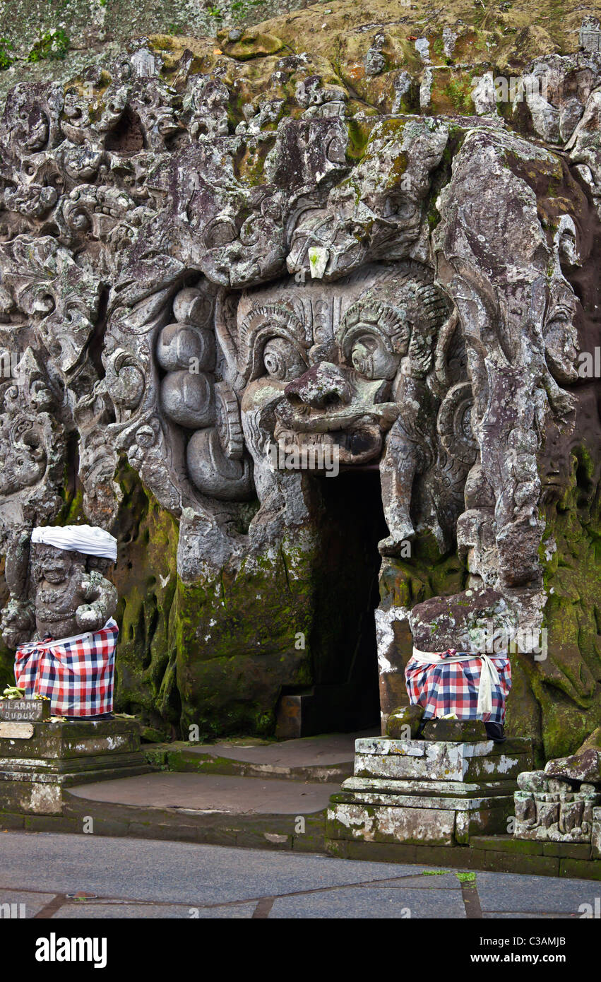 Horrific protective deities at the HINDU SHRINE GOA GAJAH also known as the ELEPHANT CAVE, 9th Century - UBUD, BALI, INDONESIA Stock Photo